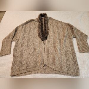 Song N Spirit Women's Tan Heather Cable Knit Cardigan Sweater Fur Trimmed XL